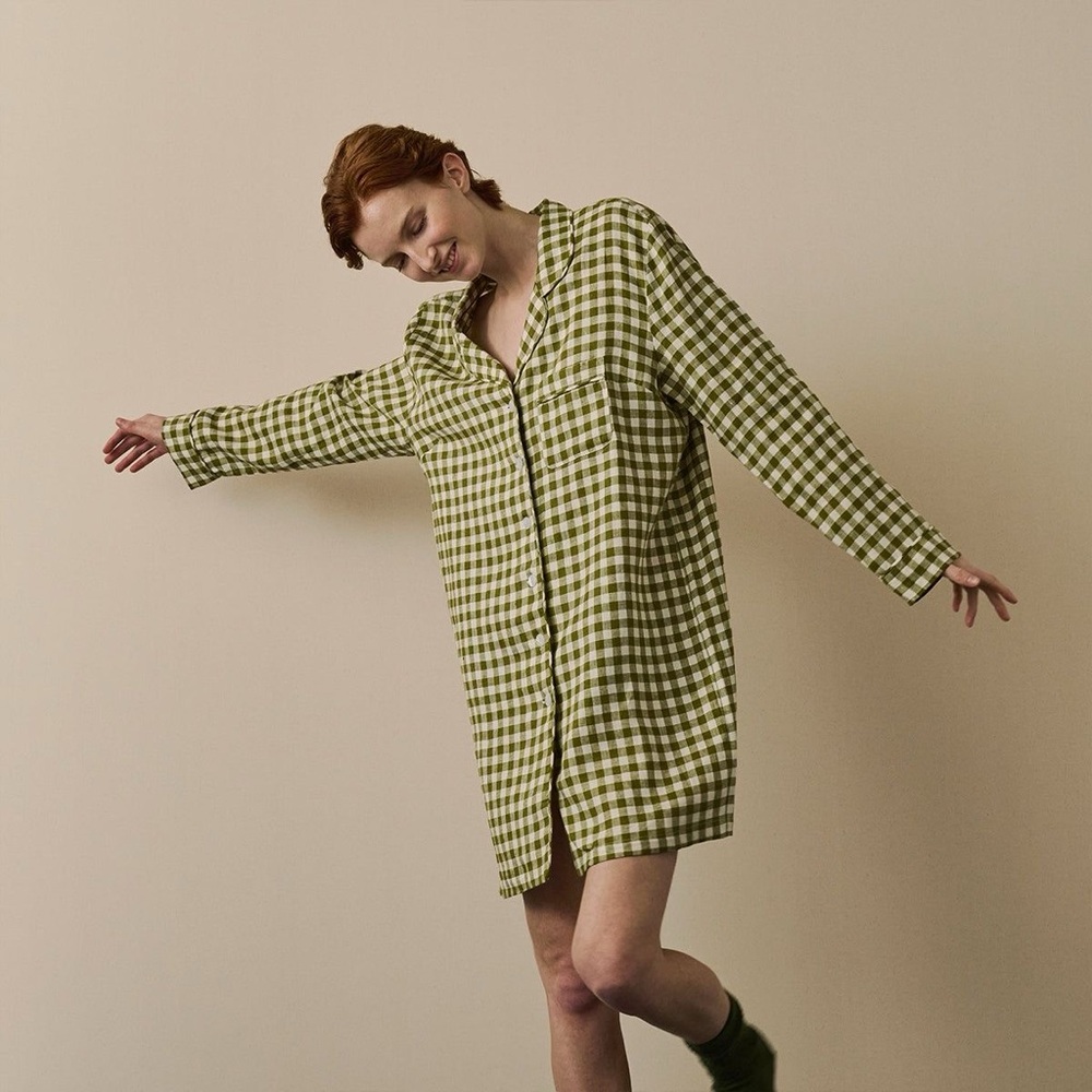 Piglet in Bed Botanical Green Gingham Linen Night Shirt